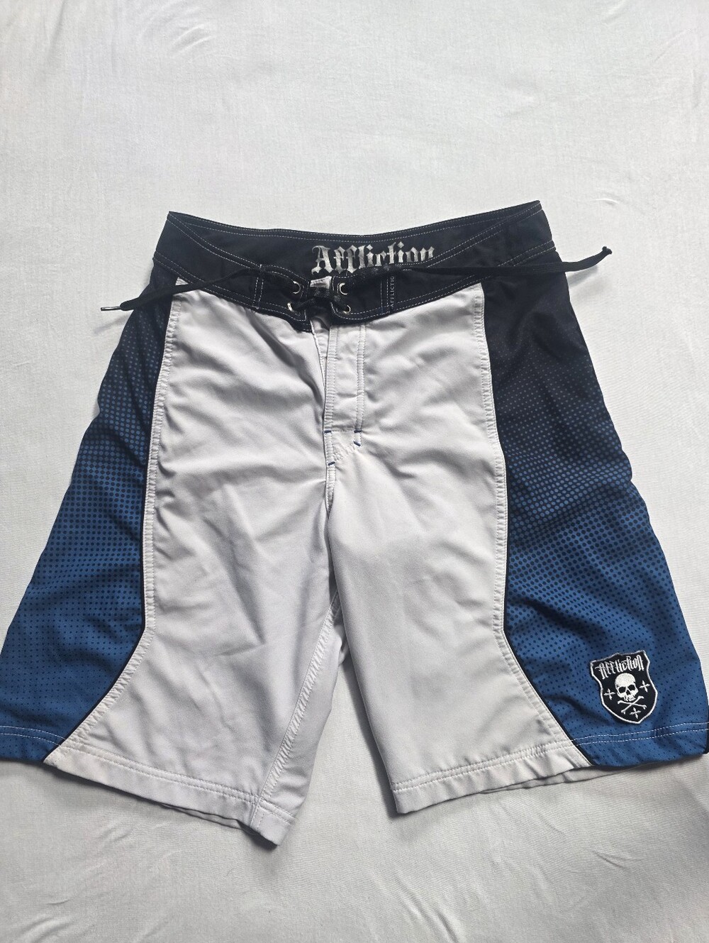 Affliction Men's Board Shorts Blue White Skull Surf Swim Size 33